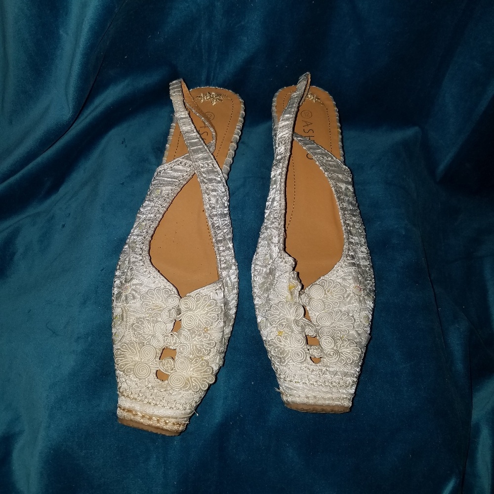White Satin beaded Flats